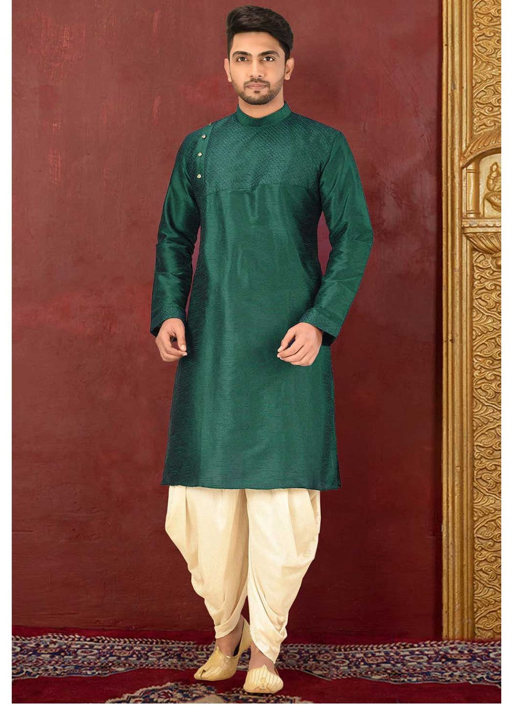 Plain Art Dupion Silk Green Dhoti Kurta - M1594