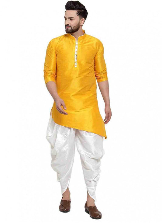 Plain Art Dupion Silk Yellow Dhoti Kurta - M1558