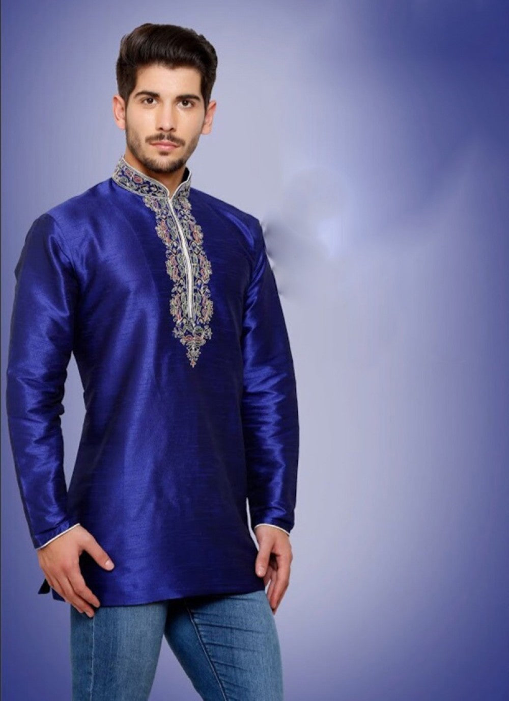 Embroidered Art Dupion Silk Blue Kurta - M1210