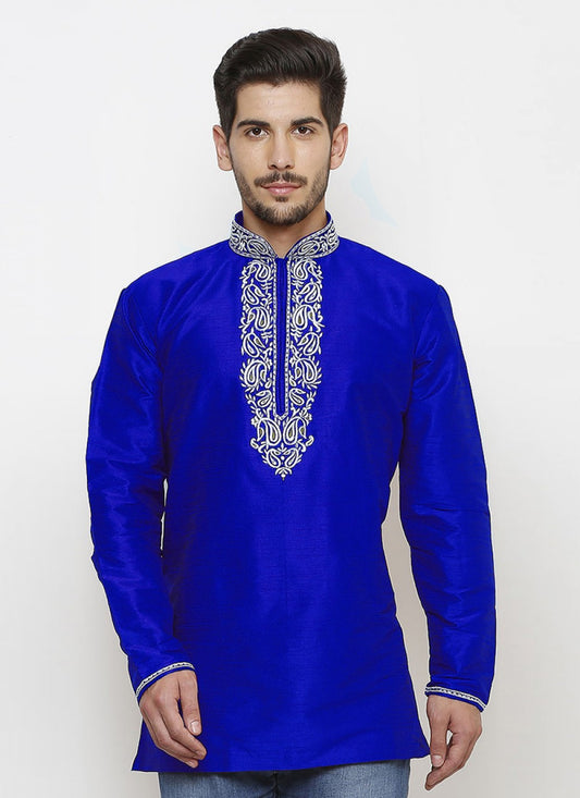 Embroidered Art Dupion Silk Blue Kurta - M1234