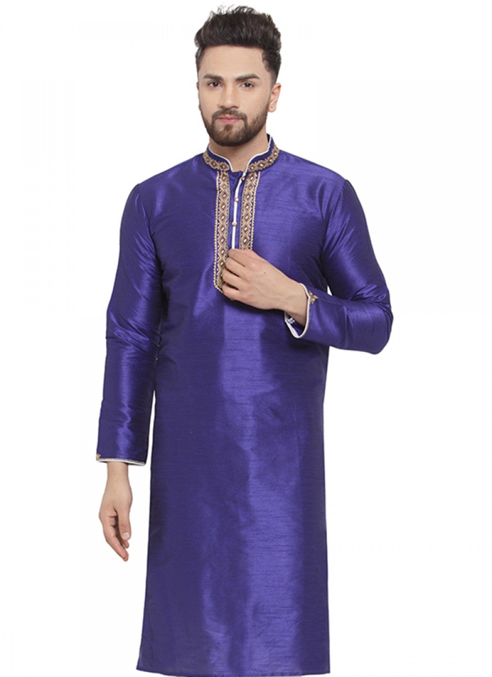 Embroidered Art Dupion Silk Blue Kurta - M1384