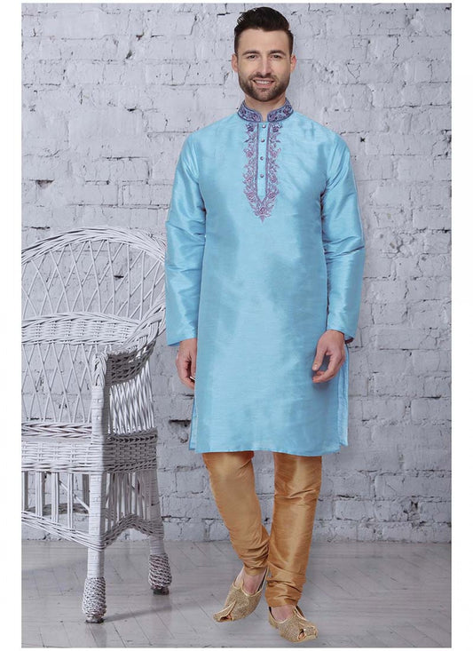 Embroidered Art Dupion Silk Blue Kurta Pyjama - M1533