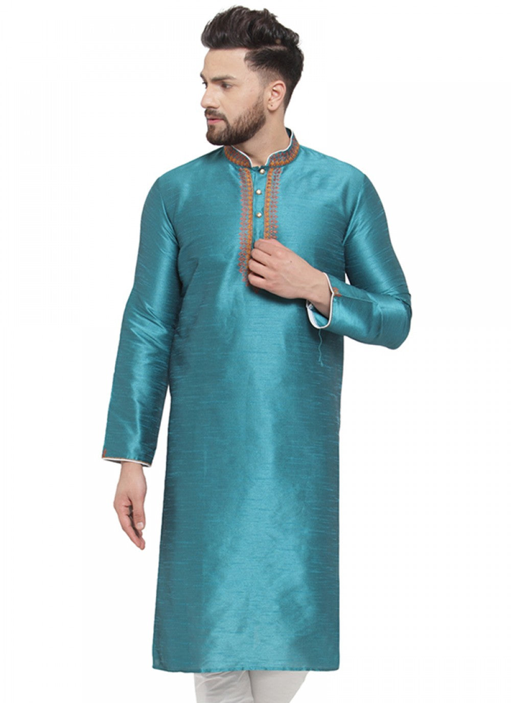 Embroidered Art Dupion Silk Green Kurta - M1386