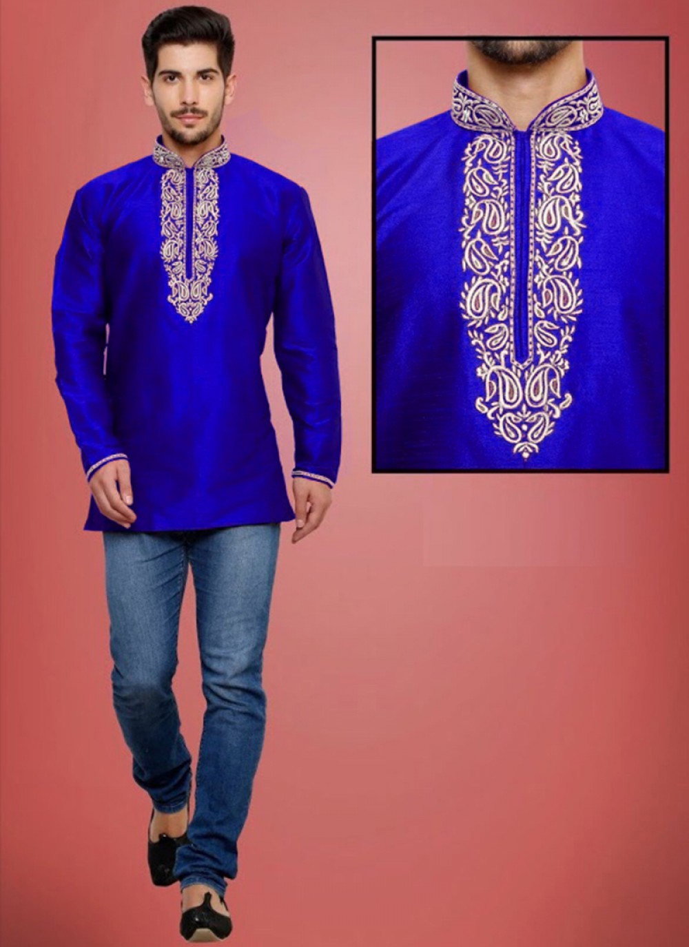 Embroidered Art Dupion Silk Blue Kurta - M1237