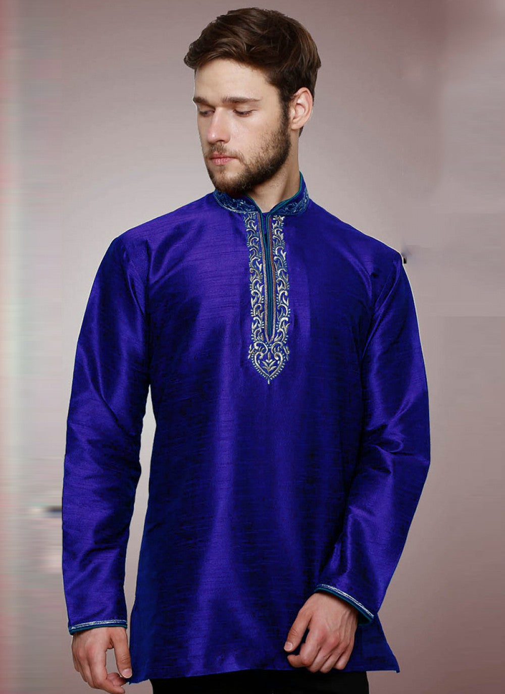 Embroidered Art Dupion Silk Blue Kurta - M1241