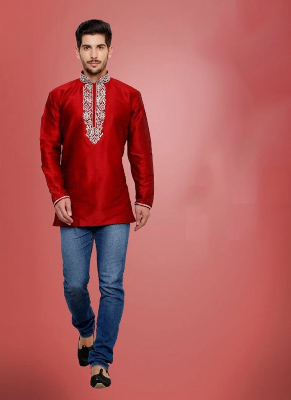 Embroidered Art Dupion Silk Maroon Kurta - M1193