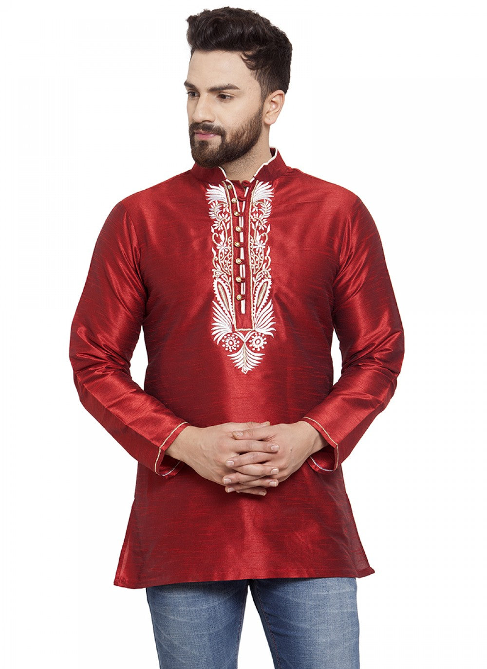 Embroidered Art Dupion Silk Maroon Kurta - M1252