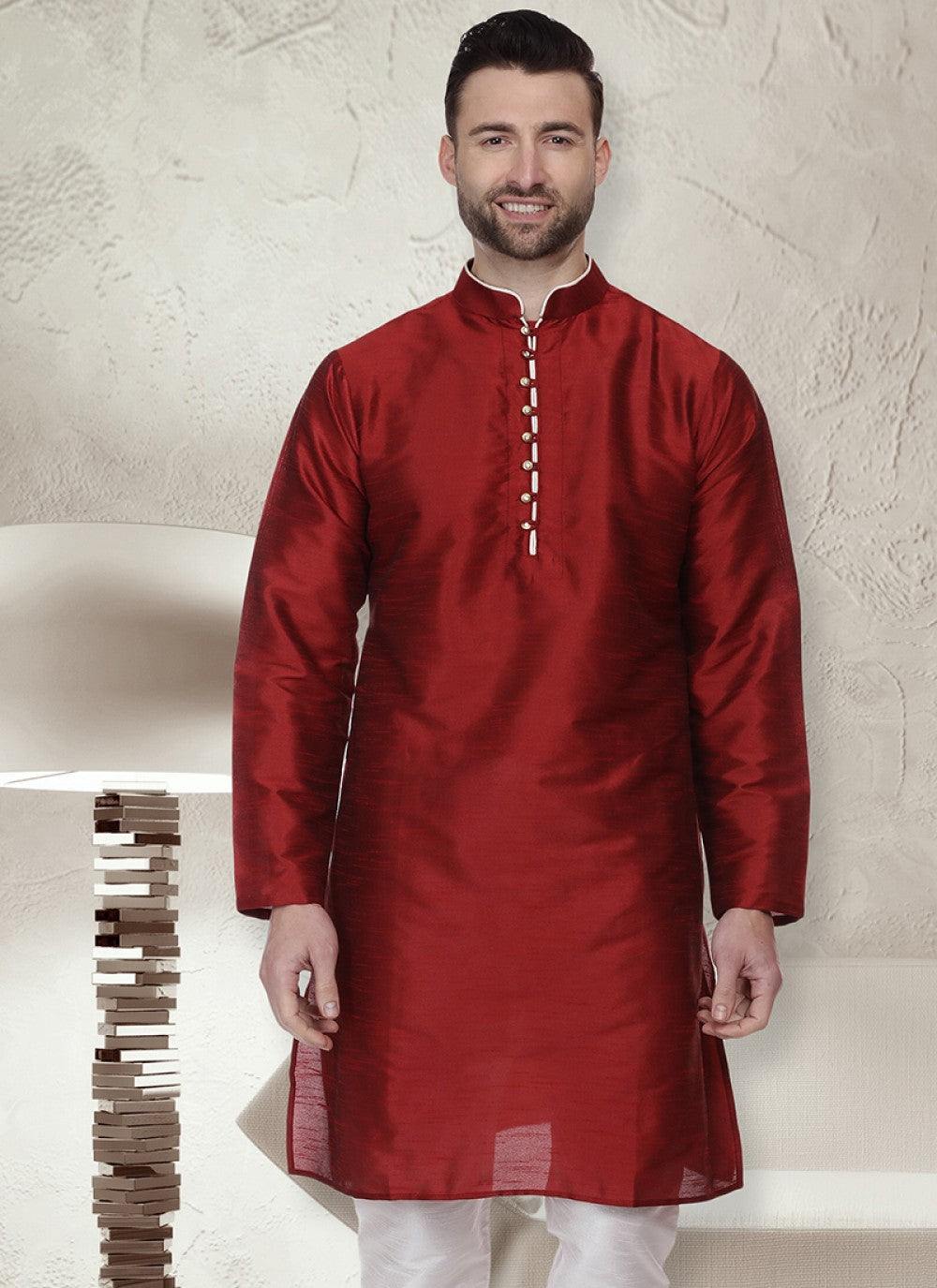 Embroidered Art Dupion Silk Maroon Kurta - M1319