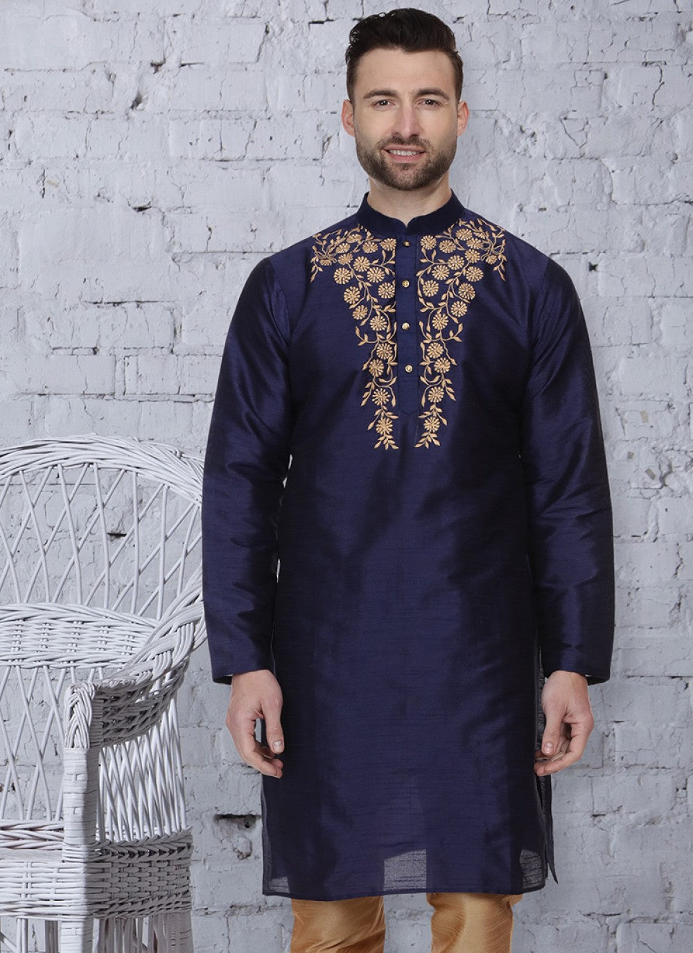 Embroidered Art Dupion Silk Navy Blue Kurta - M1315