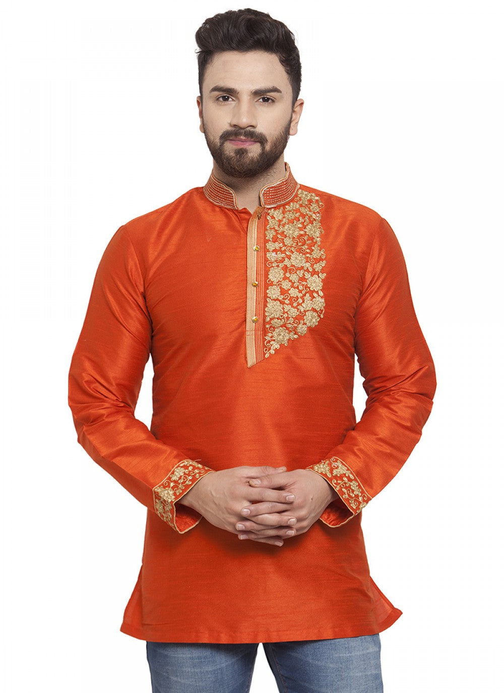 Embroidered Art Dupion Silk Orange Kurta - M1247