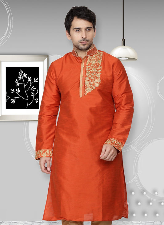 Embroidered Art Dupion Silk Orange Kurta - M1324