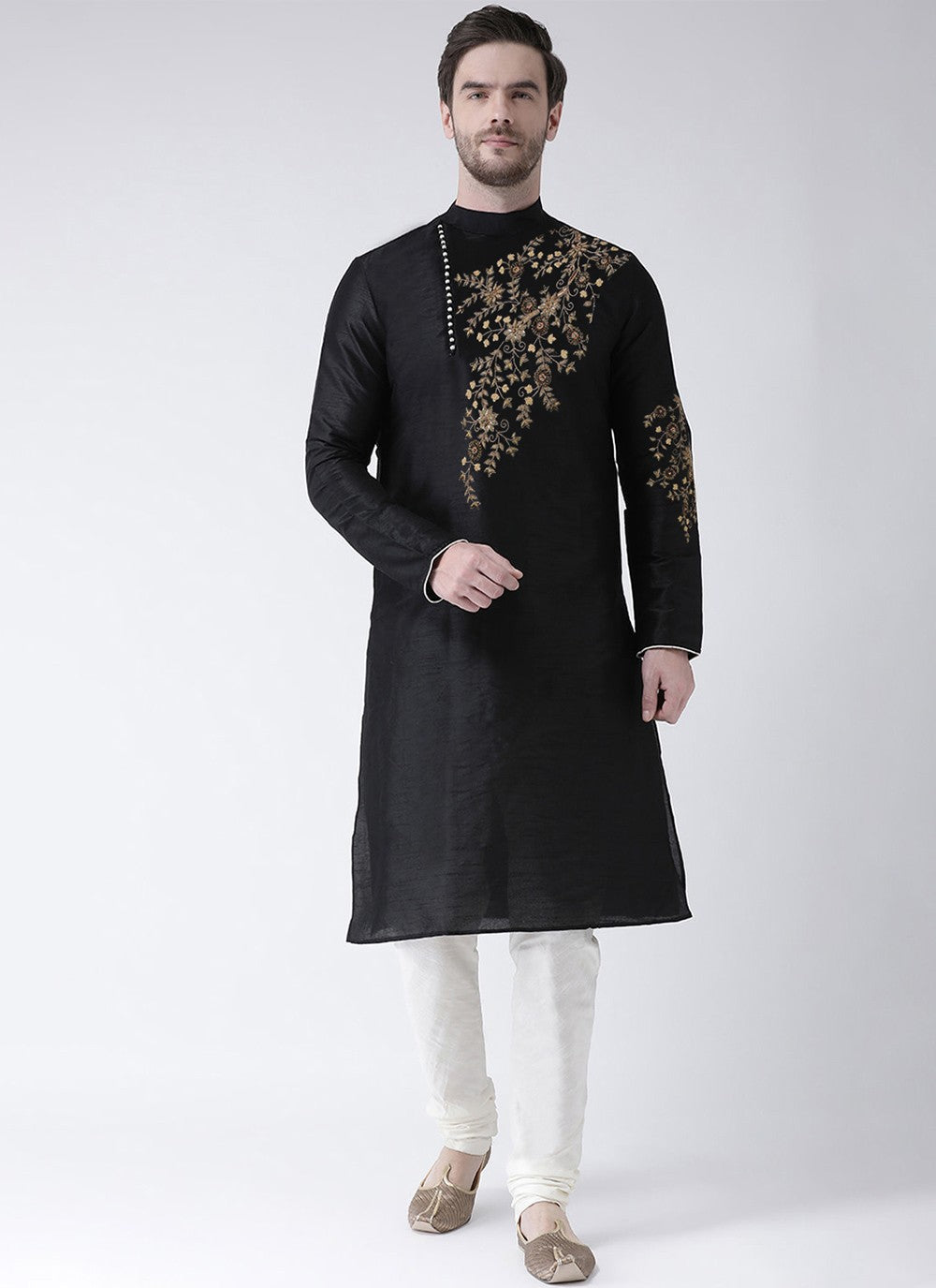 Embroidered Art Dupion Silk Black Kurta Pyjama - M3484