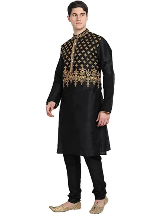 Embroidered Art Dupion Silk Black Kurta Pyjama - M4204