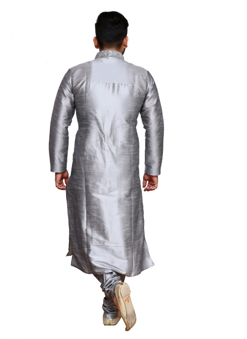 Embroidered Art Dupion Silk Grey Kurta Pyjama - M1272