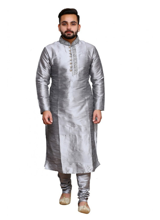 Embroidered Art Dupion Silk Grey Kurta Pyjama - M1272