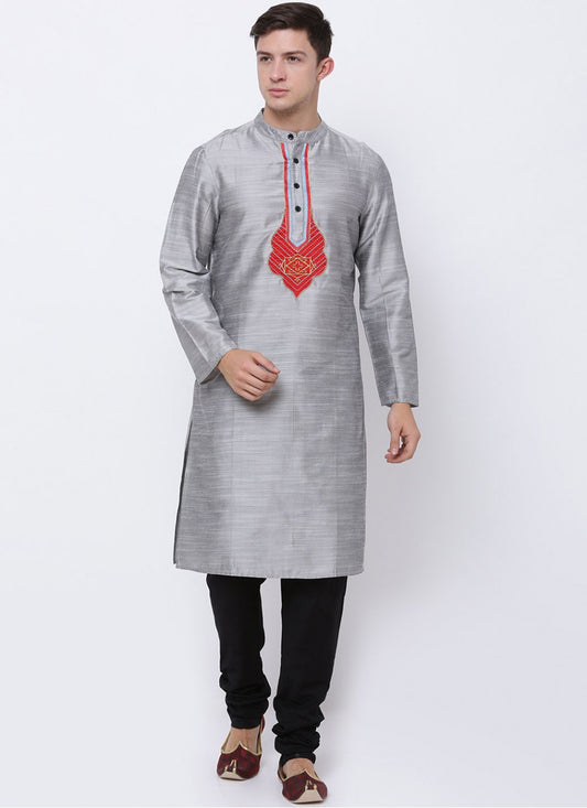 Embroidered Art Dupion Silk Grey Kurta Pyjama - M1657