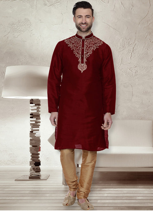 Embroidered Art Dupion Silk Maroon Kurta Pyjama - M1228