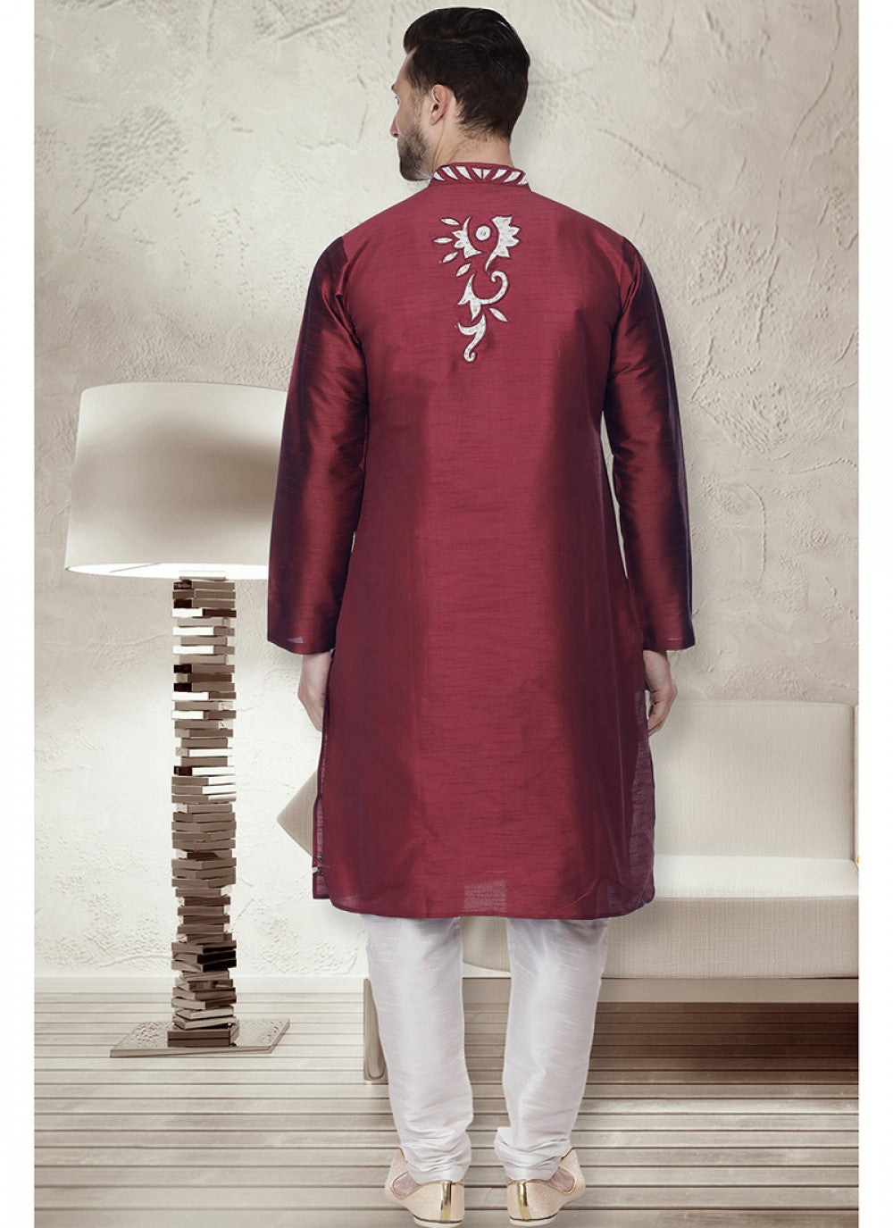 Embroidered Art Dupion Silk Maroon Kurta Pyjama - M1514