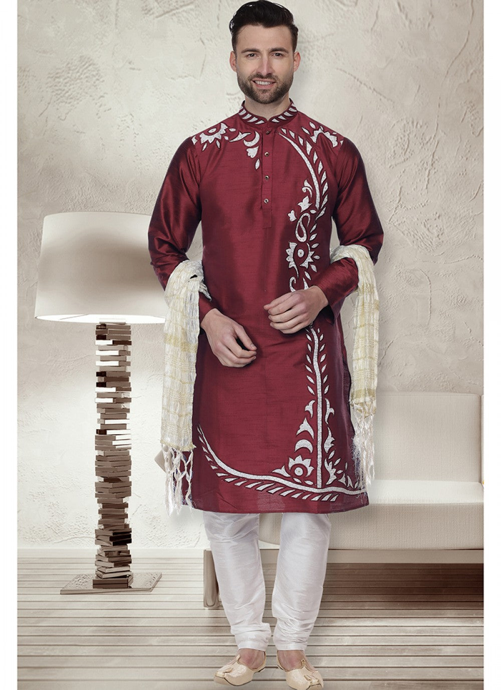 Embroidered Art Dupion Silk Maroon Kurta Pyjama - M1514