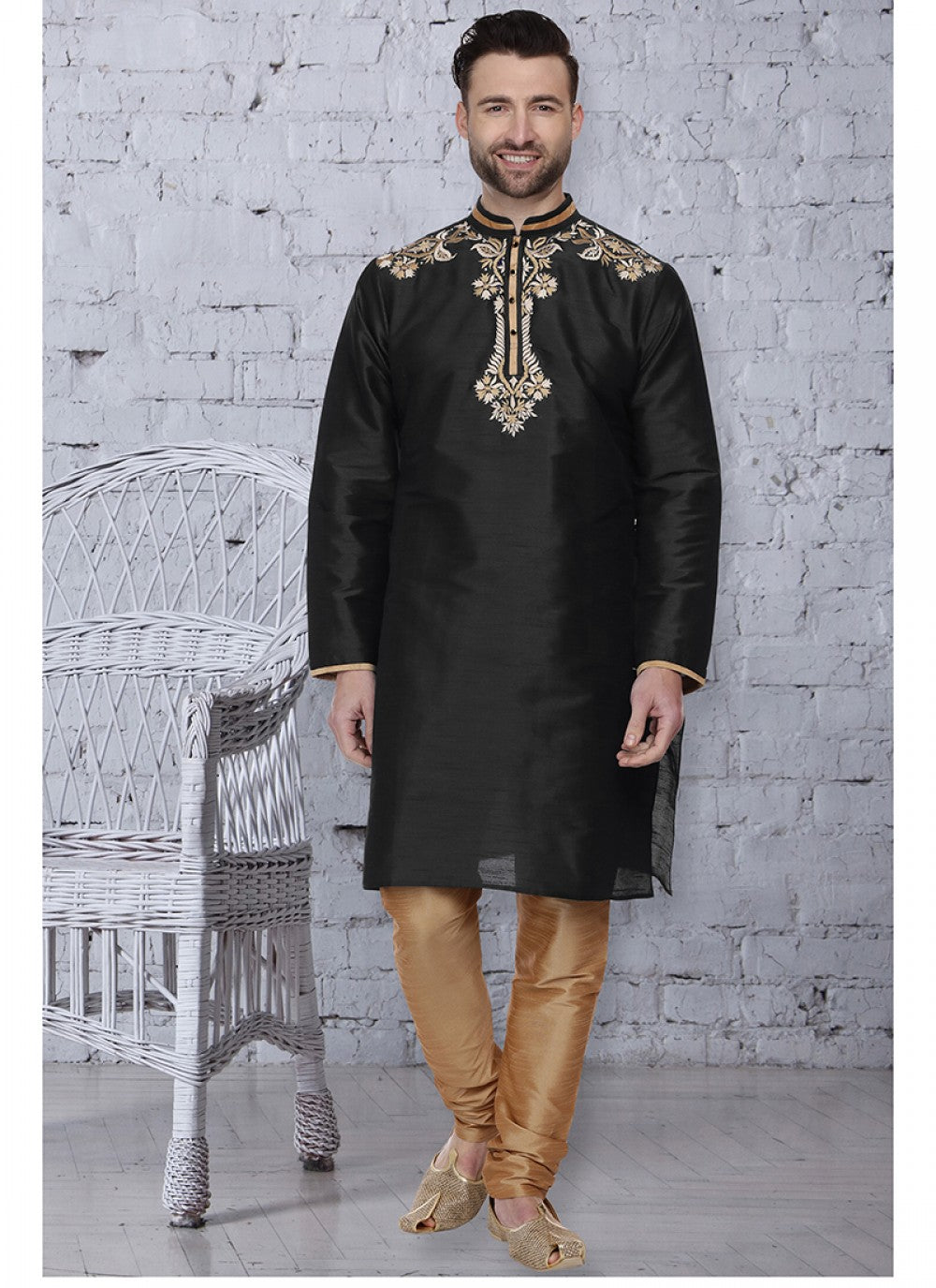 Embroidered Art Dupion Silk Navy Blue Kurta Pyjama - M1499