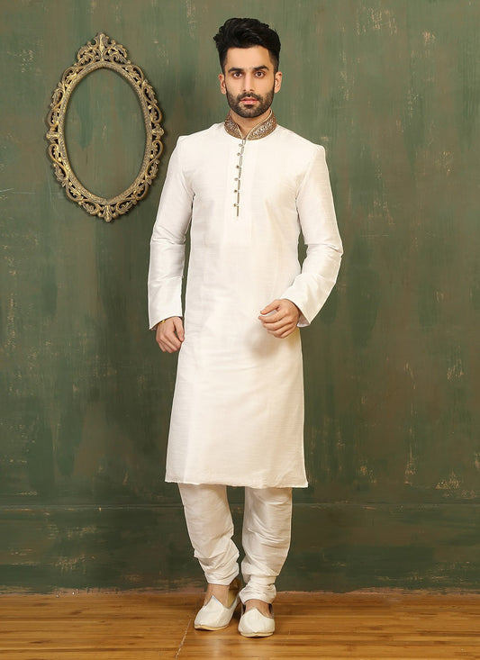 Embroidered Art Dupion Silk Off White Kurta Pyjama - M3291