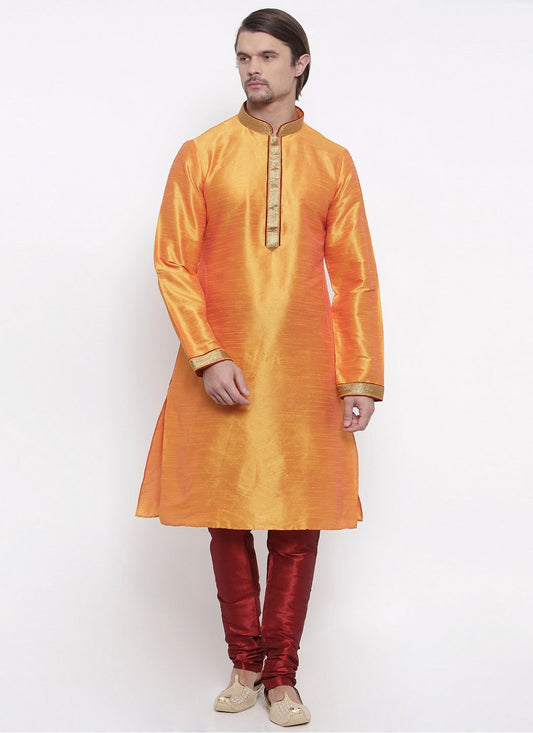 Embroidered Art Dupion Silk Orange Kurta Pyjama - M1663