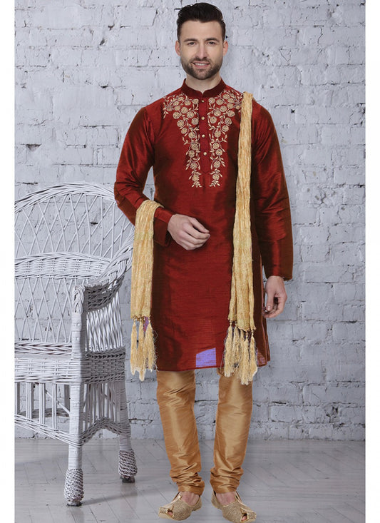 Embroidered Art Dupion Silk Maroon Kurta Pyjama - M1508