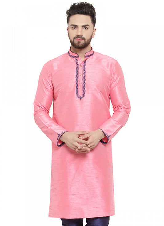 Embroidered Art Dupion Silk Pink Kurta - M1383