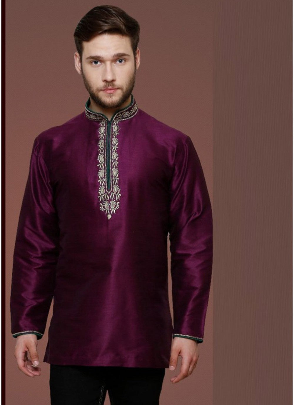 Embroidered Art Dupion Silk Purple Kurta - M1196