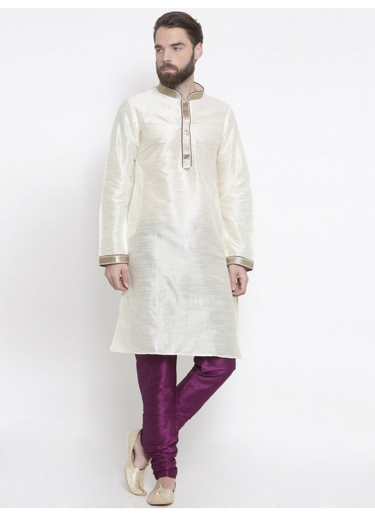 Embroidered Art Dupion Silk White Kurta Pyjama - M1656