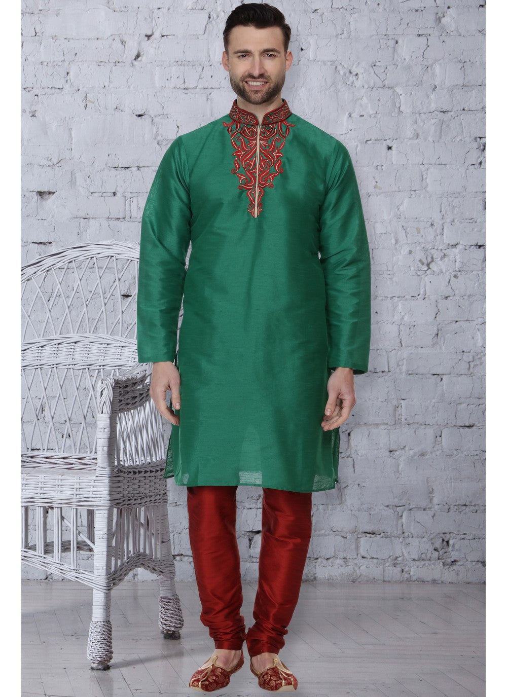 Embroidered Art Dupion Silk Gold Kurta Pyjama - M1105