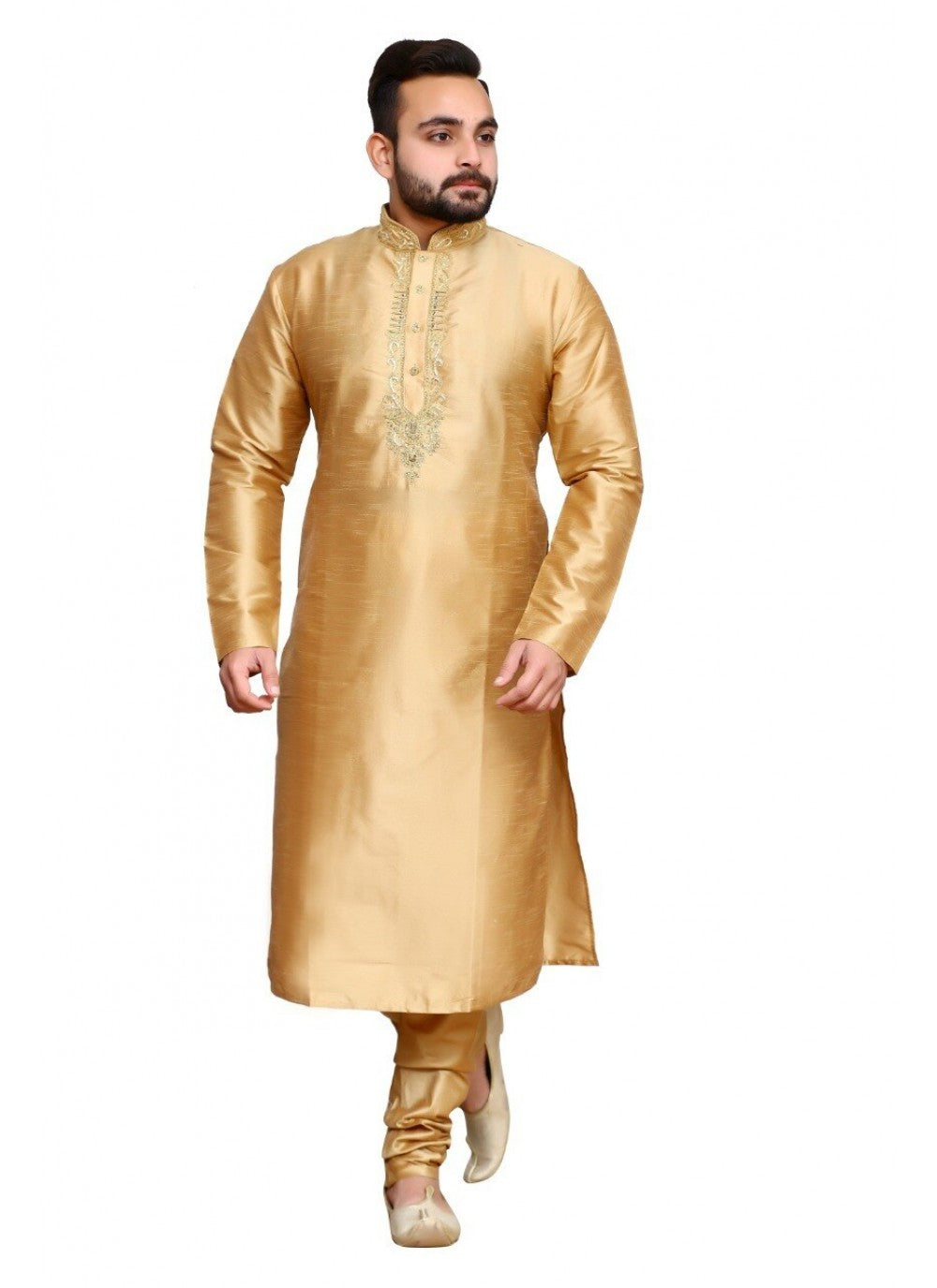 Embroidered Art Dupion Silk Gold Kurta Pyjama - M1271