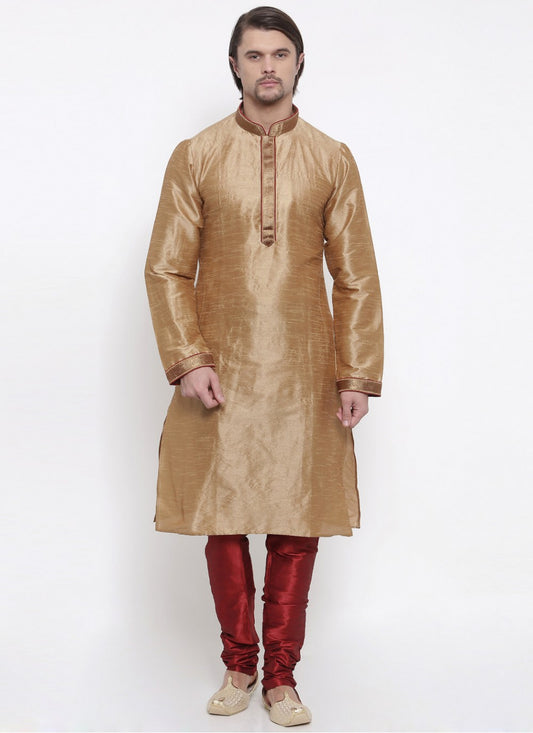 Embroidered Art Dupion Silk Gold Kurta Pyjama - M1666