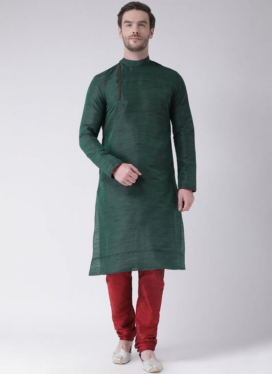 Plain Art Dupion Silk Green Kurta Pyjama - M1449