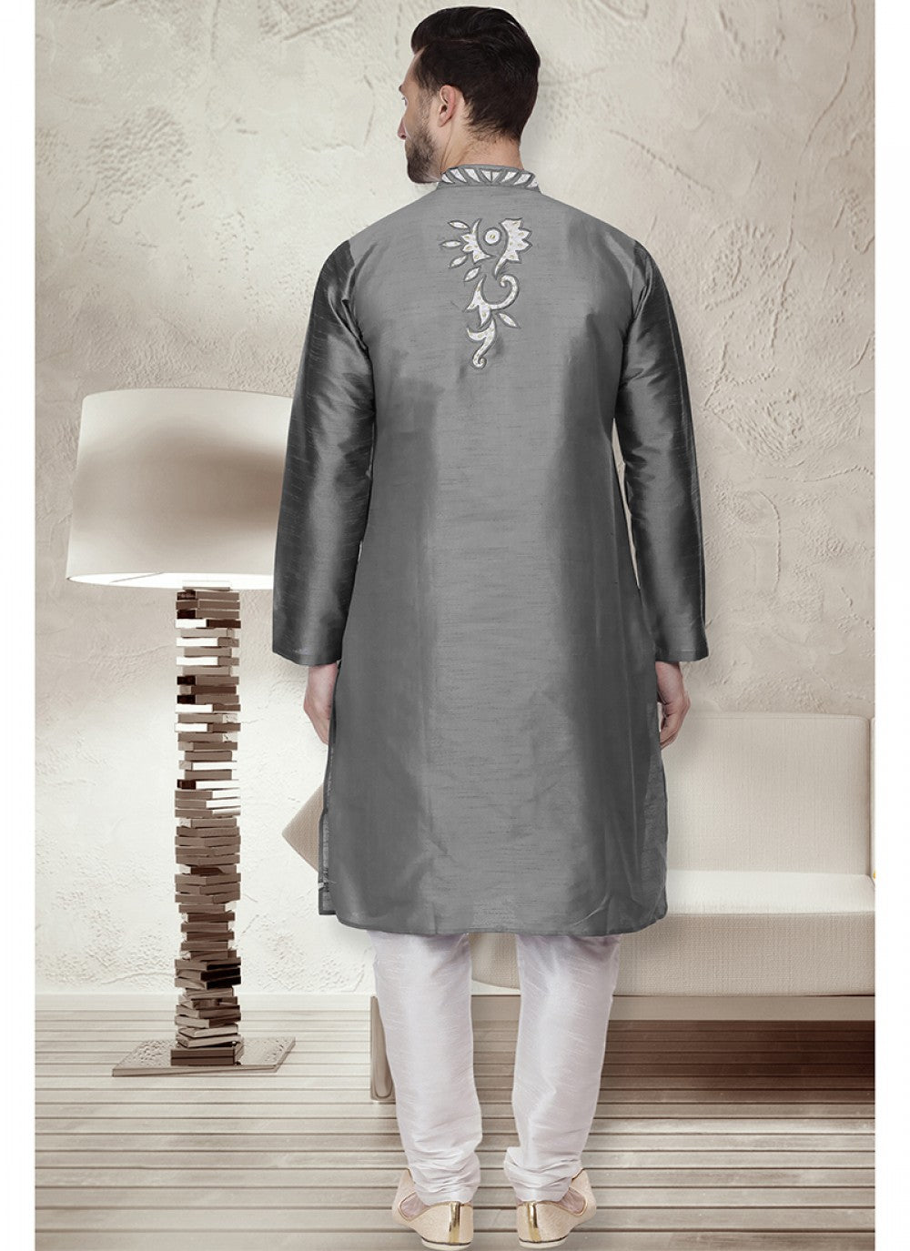 Embroidered Art Dupion Silk Grey Kurta Pyjama - M1513