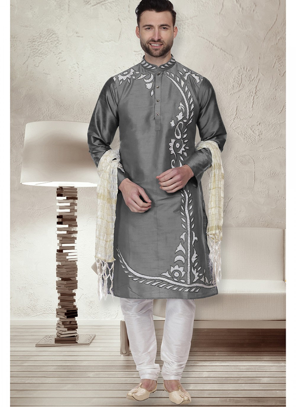 Embroidered Art Dupion Silk Grey Kurta Pyjama - M1513