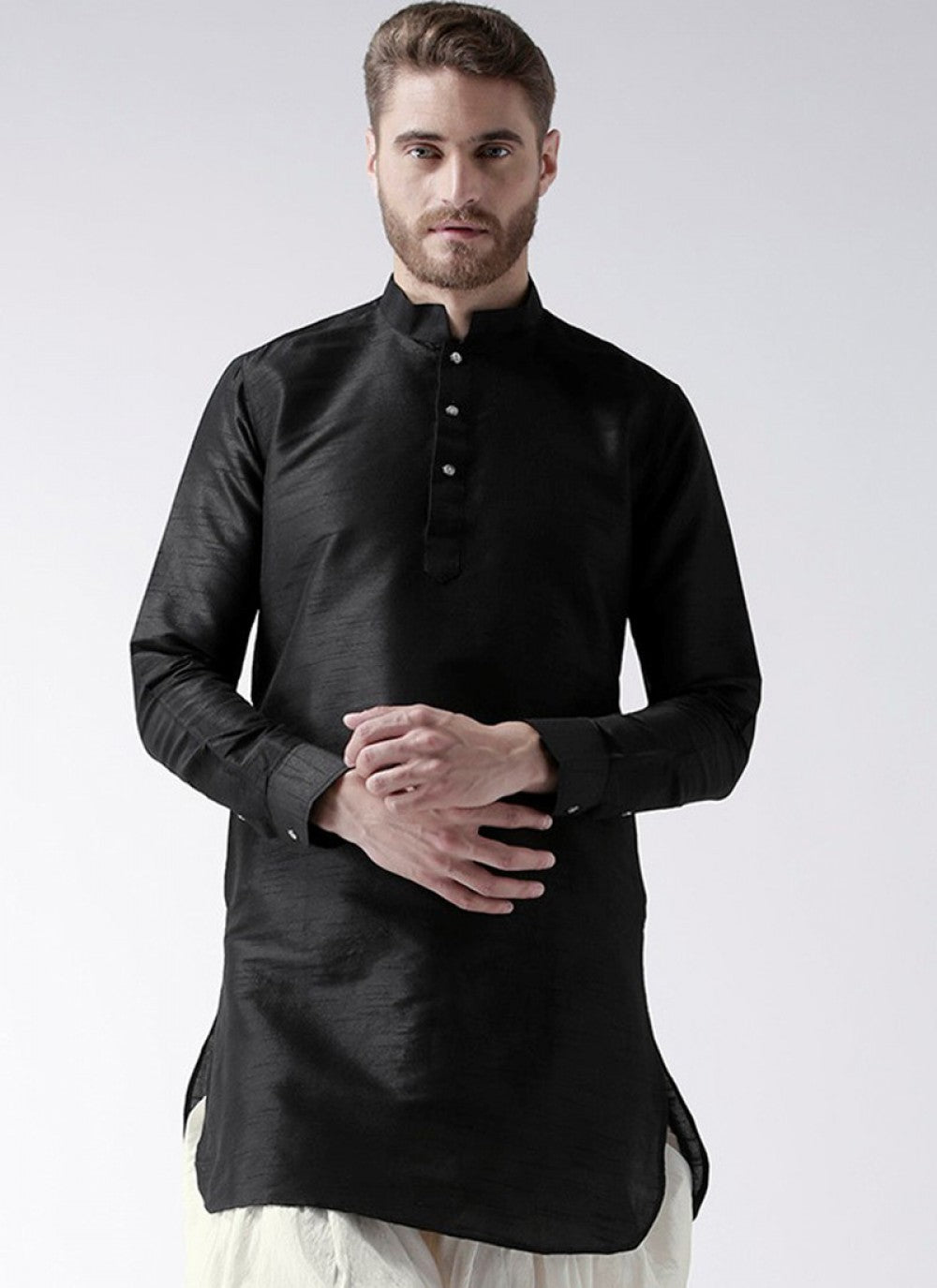 Plain Art Dupion Silk Black Kurta - M1404