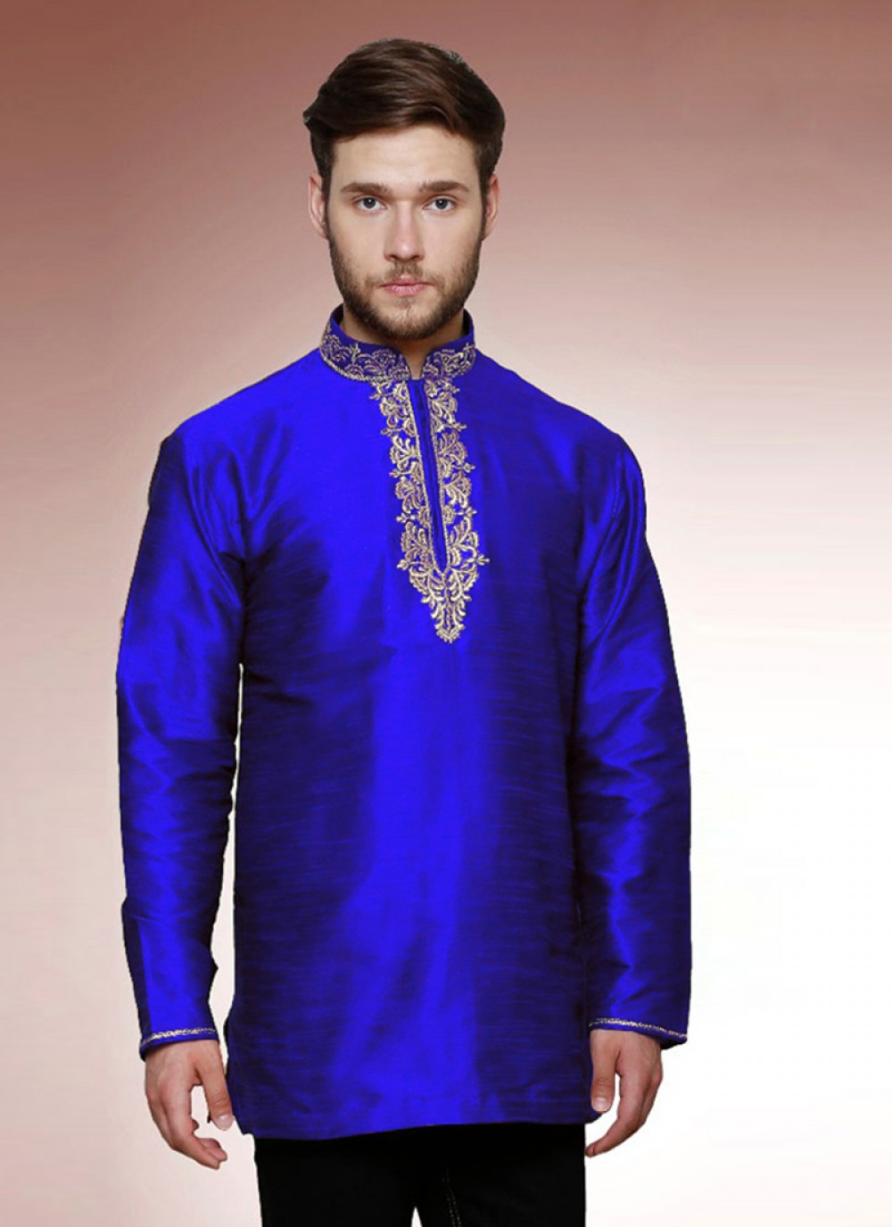 Embroidered Art Dupion Silk Blue Kurta - M1233