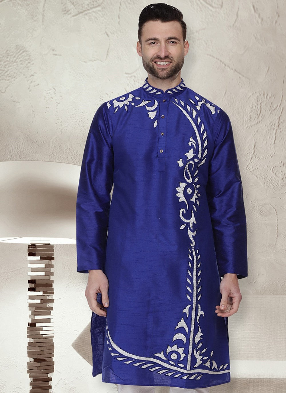 Embroidered Art Dupion Silk Blue Kurta - M1320