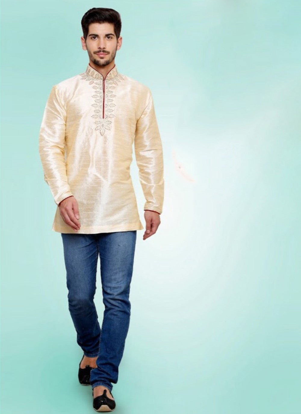 Embroidered Art Dupion Silk Cream Kurta - M1211