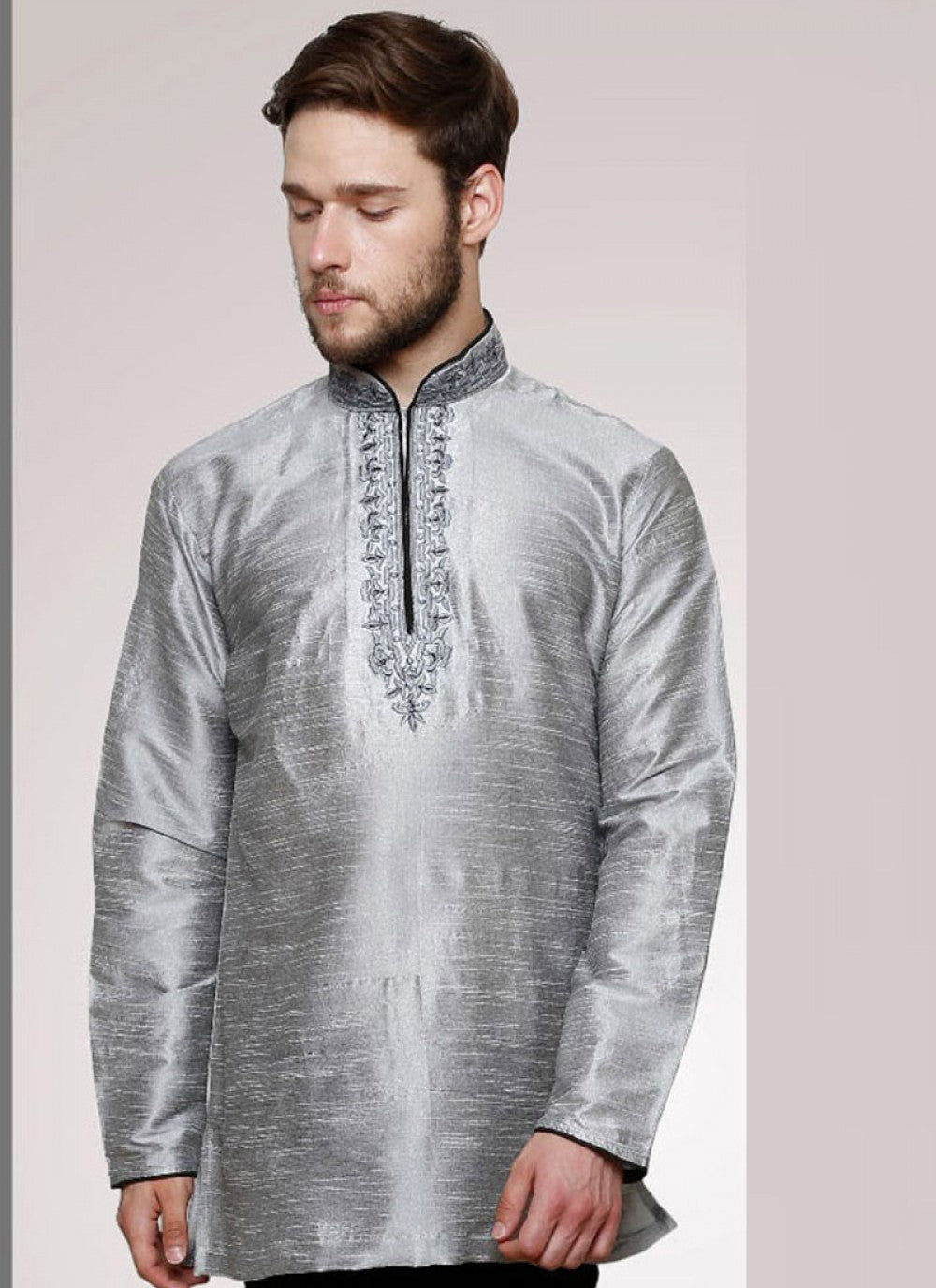 Embroidered Art Dupion Silk Grey Kurta - M1208