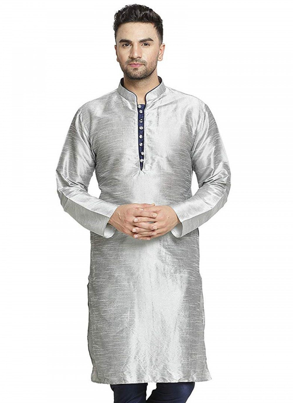 Embroidered Art Dupion Silk Grey Kurta - M1268