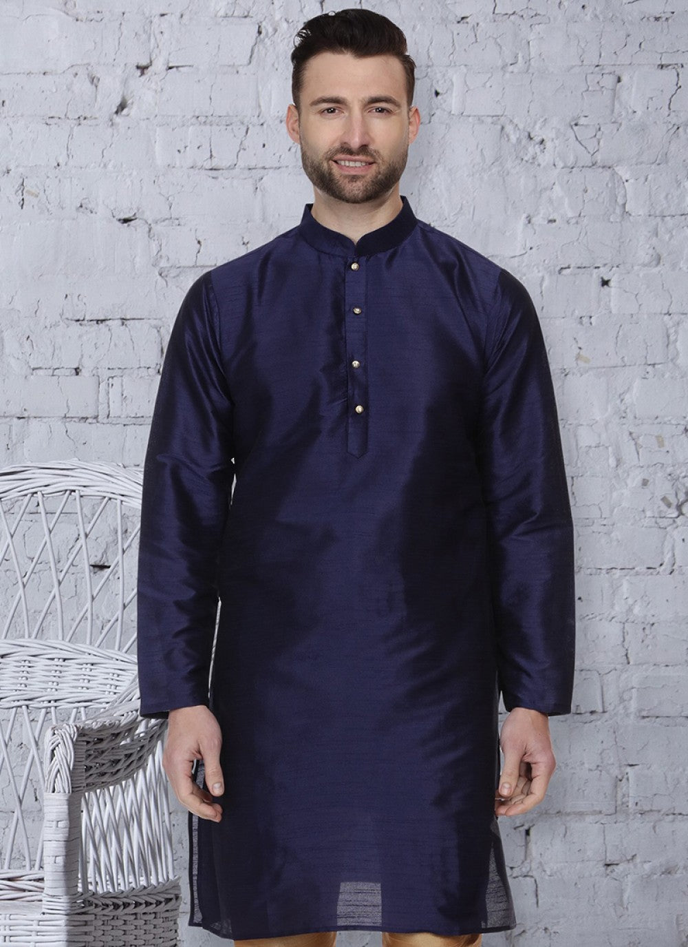 Embroidered Art Dupion Silk Navy Blue Kurta - M1314