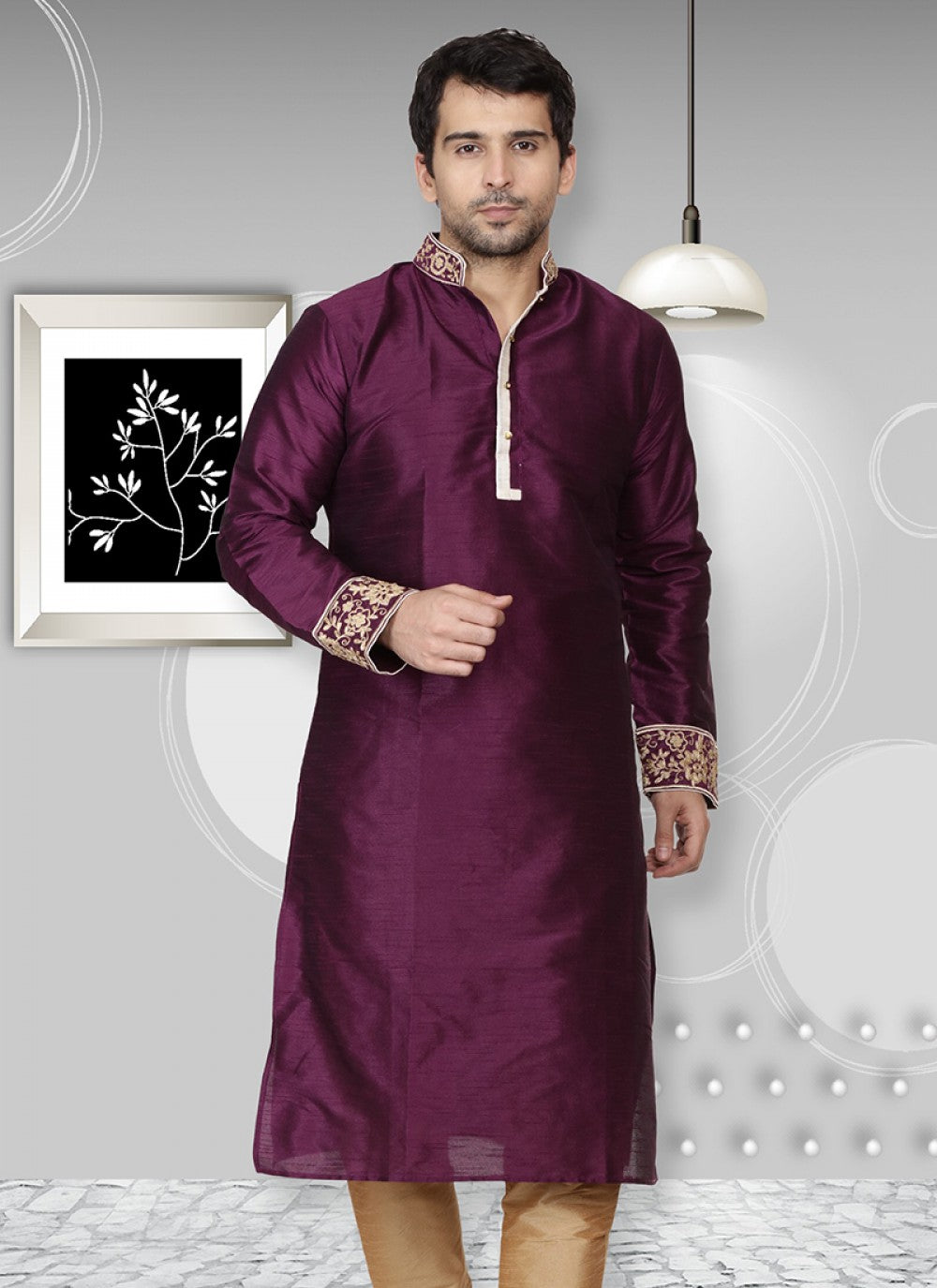 Embroidered Art Dupion Silk Purple Kurta - M1253