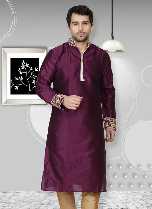 Embroidered Art Dupion Silk Purple Kurta - M1253