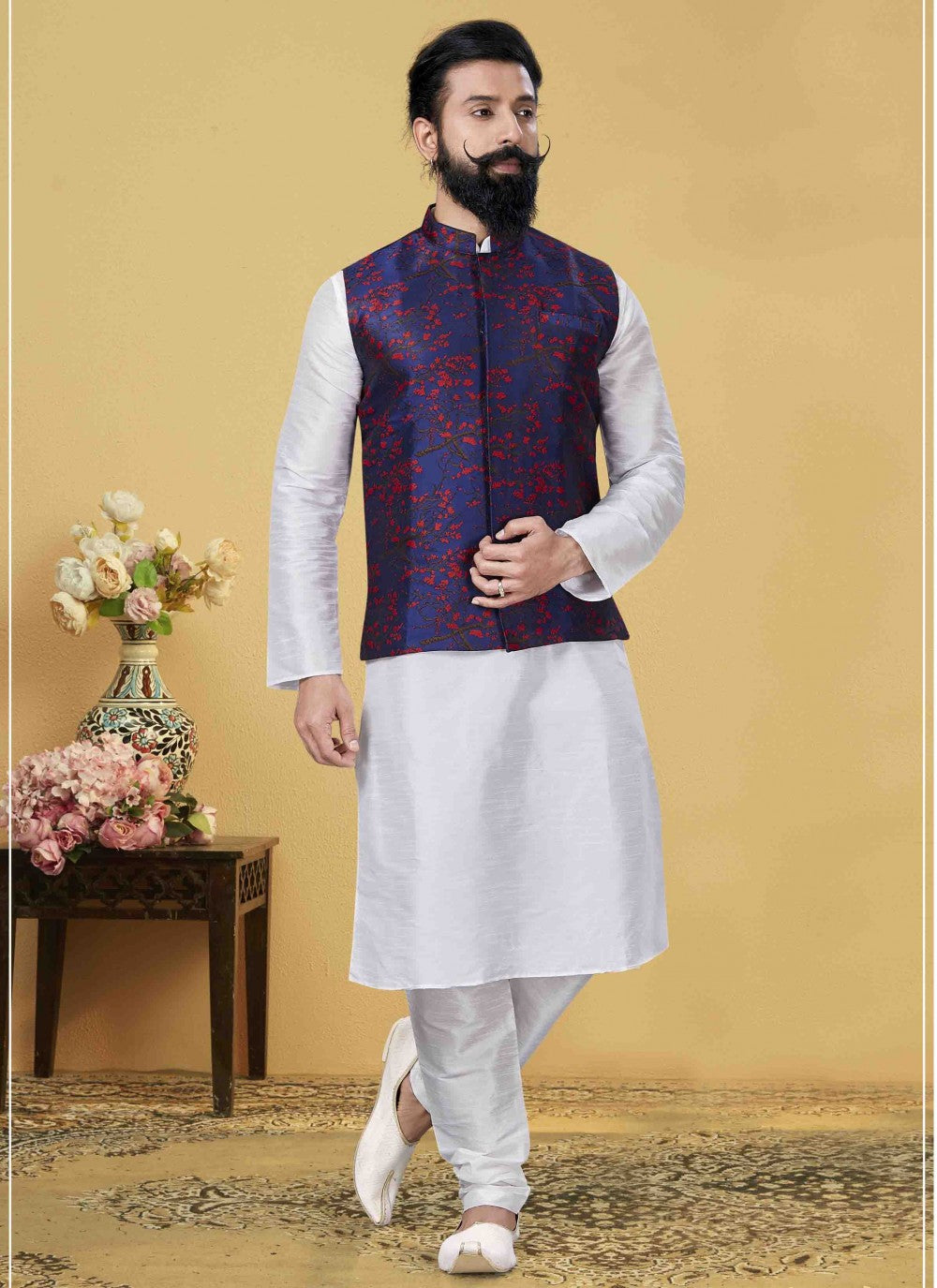 Printed Art Dupion Silk White Kurta Payjama With Jacket - M1716