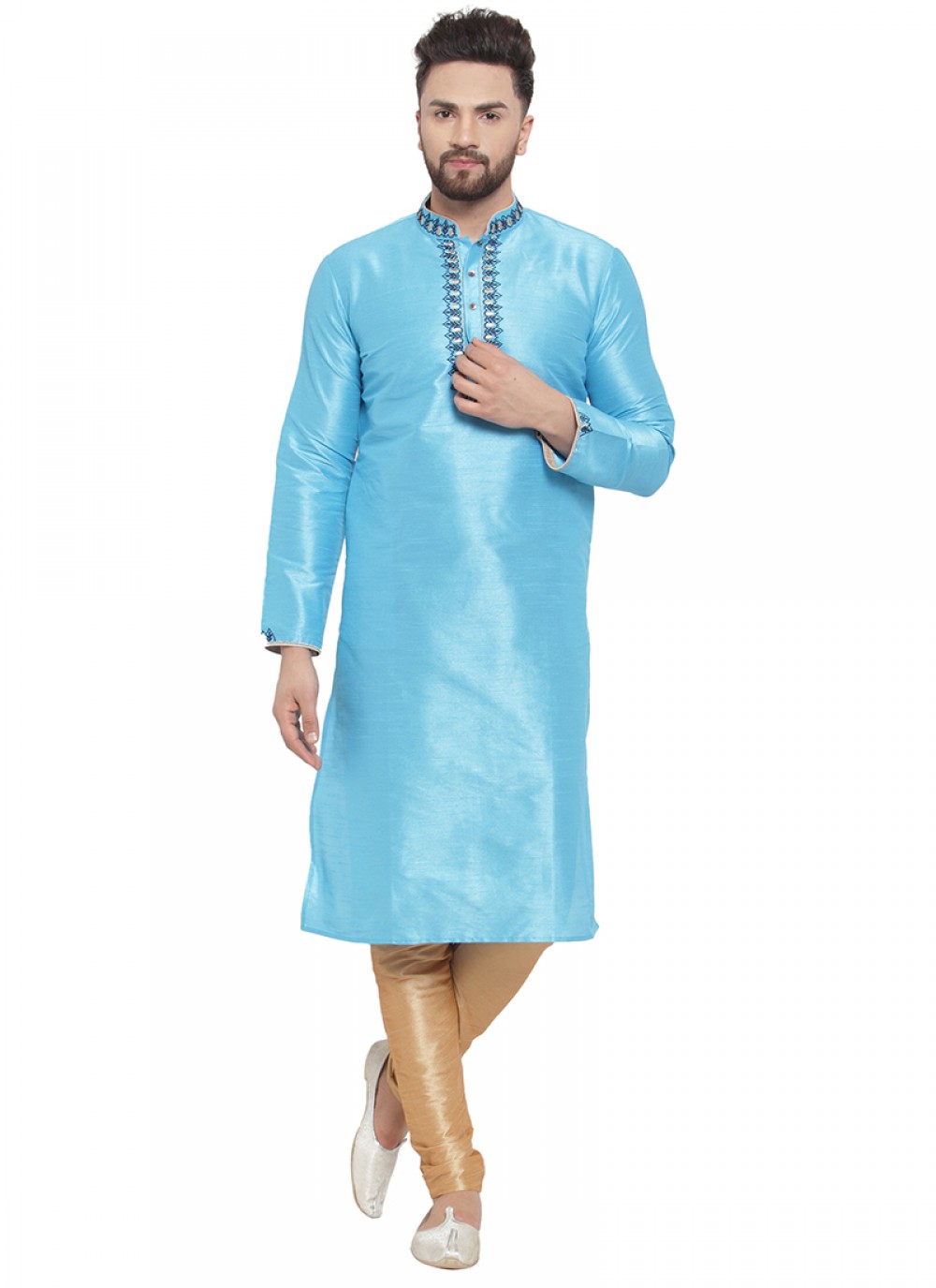 Embroidered Art Dupion Silk Aqua Blue Kurta Pyjama - M1390