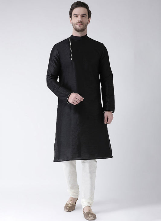 Plain Art Dupion Silk Black Kurta Pyjama - M1439