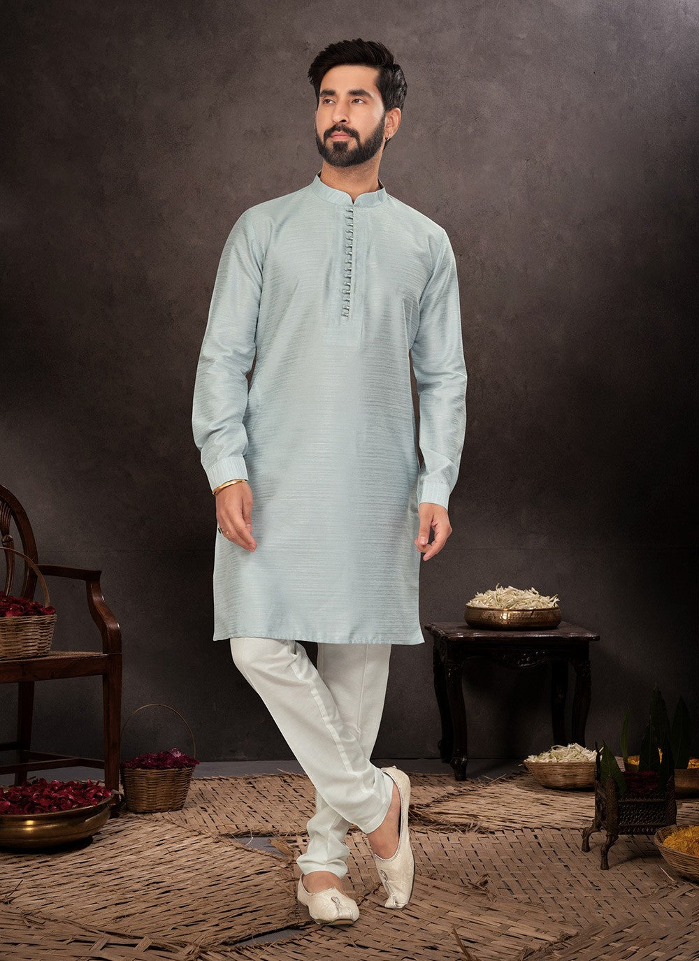 Plain Art Dupion Silk Blue Kurta Pyjama - M7228