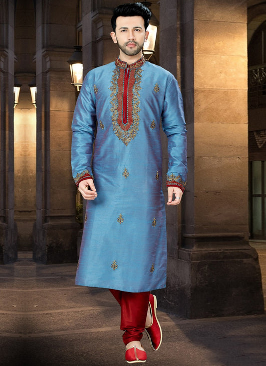 Embroidered Art Dupion Silk Blue Kurta Pyjama - M1037